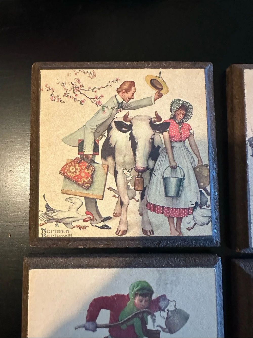 Vintage Norman Rockwell Wooden Coaster Plaques Set